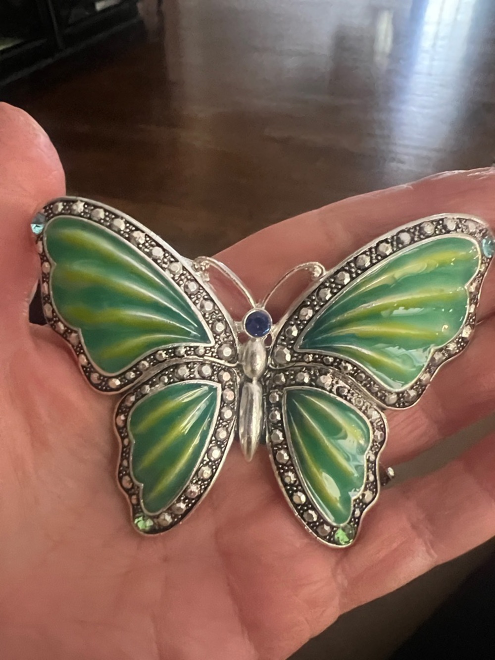 Vintage Enamel Butterfly pendant or buckle  with Green-Blue Wings
